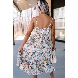 White Floral Knotted Spaghetti Straps Midi Dress