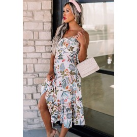 White Floral Knotted Spaghetti Straps Midi Dress