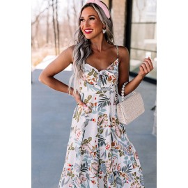 White Floral Knotted Spaghetti Straps Midi Dress