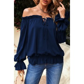 Navy Off Shoulder Ruffled Puff Sleeve Blouse