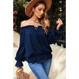 Navy Off Shoulder Ruffled Puff Sleeve Blouse