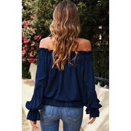 Navy Off Shoulder Ruffled Puff Sleeve Blouse