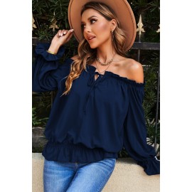 Navy Off Shoulder Ruffled Puff Sleeve Blouse