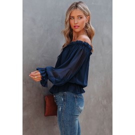 Navy Off Shoulder Ruffled Puff Sleeve Blouse