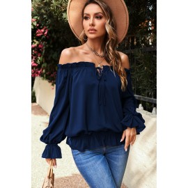 Navy Off Shoulder Ruffled Puff Sleeve Blouse