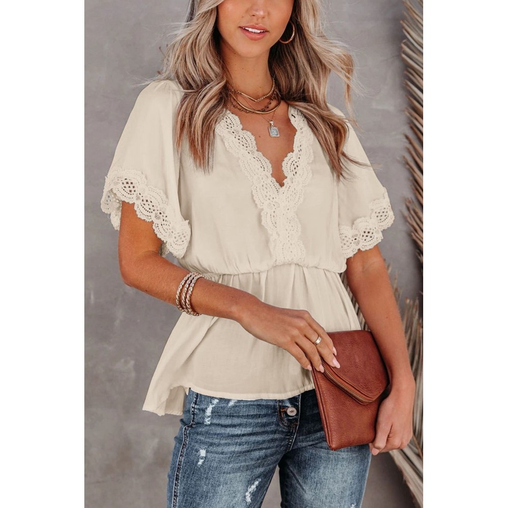 Apricot Lace Splicing V Neck Short Sleeve Blouse