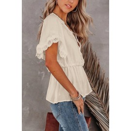 Apricot Lace Splicing V Neck Short Sleeve Blouse