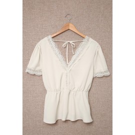 Apricot Lace Splicing V Neck Short Sleeve Blouse