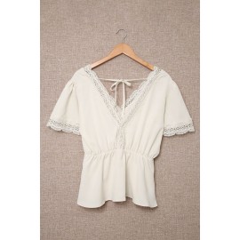 Apricot Lace Splicing V Neck Short Sleeve Blouse