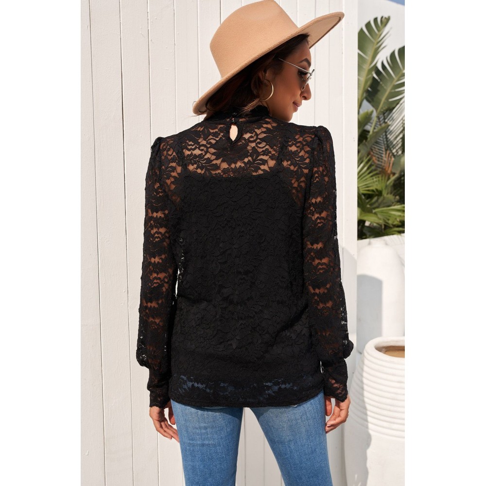 Black Lace Splicing Mock Neck Blouse