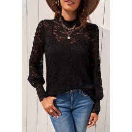 Black Lace Splicing Mock Neck Blouse