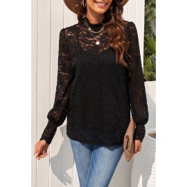 Black Lace Splicing Mock Neck Blouse