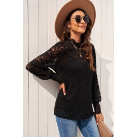 Black Lace Splicing Mock Neck Blouse