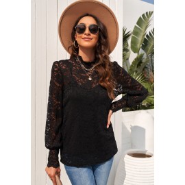 Black Lace Splicing Mock Neck Blouse