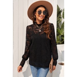 Black Lace Splicing Mock Neck Blouse