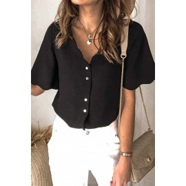 Black Scalloped Neckline Textured Short Sleeve Shirt