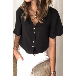 Black Scalloped Neckline Textured Short Sleeve Shirt