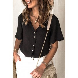 Black Scalloped Neckline Textured Short Sleeve Shirt