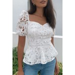 White Lace Hollow out Puff Sleeve Blouse