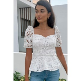 White Lace Hollow out Puff Sleeve Blouse