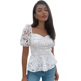 White Lace Hollow out Puff Sleeve Blouse