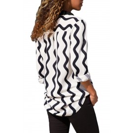 Black White Wavy Stripes Button Up Blouse