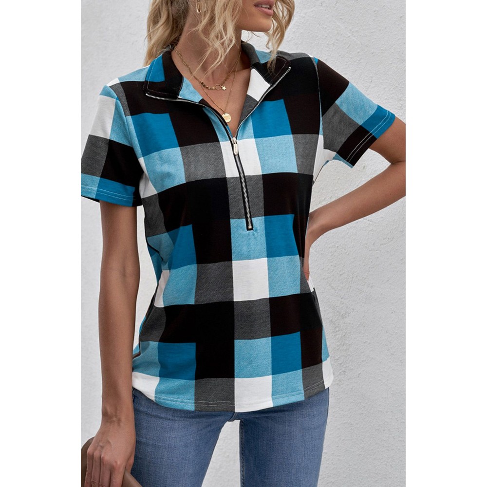 Blue Zipped V Neck Plaid Short Sleeve Blouse