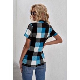 Blue Zipped V Neck Plaid Short Sleeve Blouse