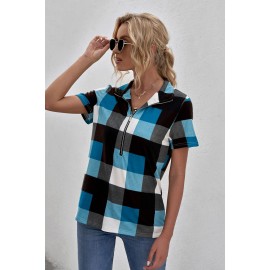 Blue Zipped V Neck Plaid Short Sleeve Blouse