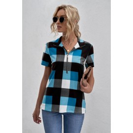 Blue Zipped V Neck Plaid Short Sleeve Blouse