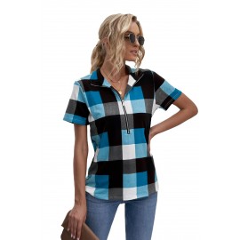 Blue Zipped V Neck Plaid Short Sleeve Blouse