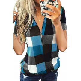 Blue Zipped V Neck Plaid Short Sleeve Blouse