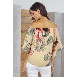 Apricot Off Shoulder Floral Tie Front High Low Chiffon Blouse