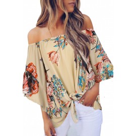 Apricot Off Shoulder Floral Tie Front High Low Chiffon Blouse