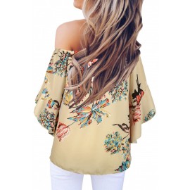 Apricot Off Shoulder Floral Tie Front High Low Chiffon Blouse