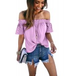 Pink Solid Shirring Off Shoulder Hollow out Top