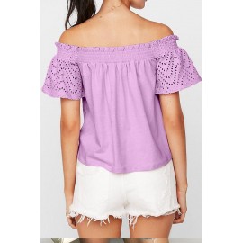 Pink Solid Shirring Off Shoulder Hollow out Top