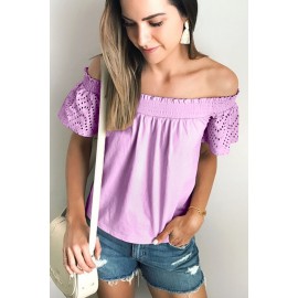 Pink Solid Shirring Off Shoulder Hollow out Top