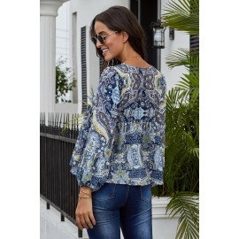 Blue Floral Vintage V Neck Blouse