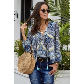 Blue Floral Vintage V Neck Blouse