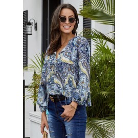 Blue Floral Vintage V Neck Blouse