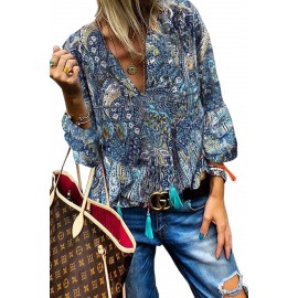 Blue Floral Vintage V Neck Blouse