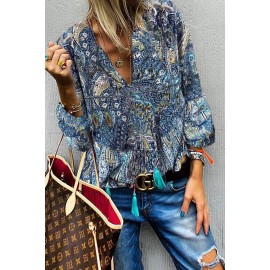 Blue Floral Vintage V Neck Blouse