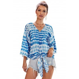 Blue Floral Printed Deep V Neck Tie Front Blouse