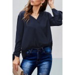 Black V Neck Ruched Tie Sleeve Top