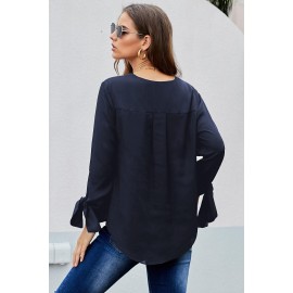 Black V Neck Ruched Tie Sleeve Top