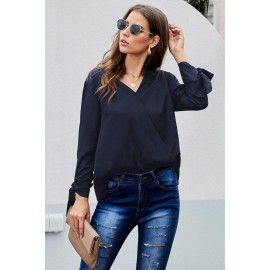 Black V Neck Ruched Tie Sleeve Top