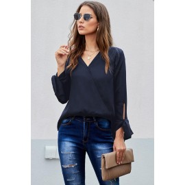 Black V Neck Ruched Tie Sleeve Top