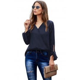 Black V Neck Ruched Tie Sleeve Top