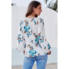 Green Ballon Sleeve Floral Shirt Top